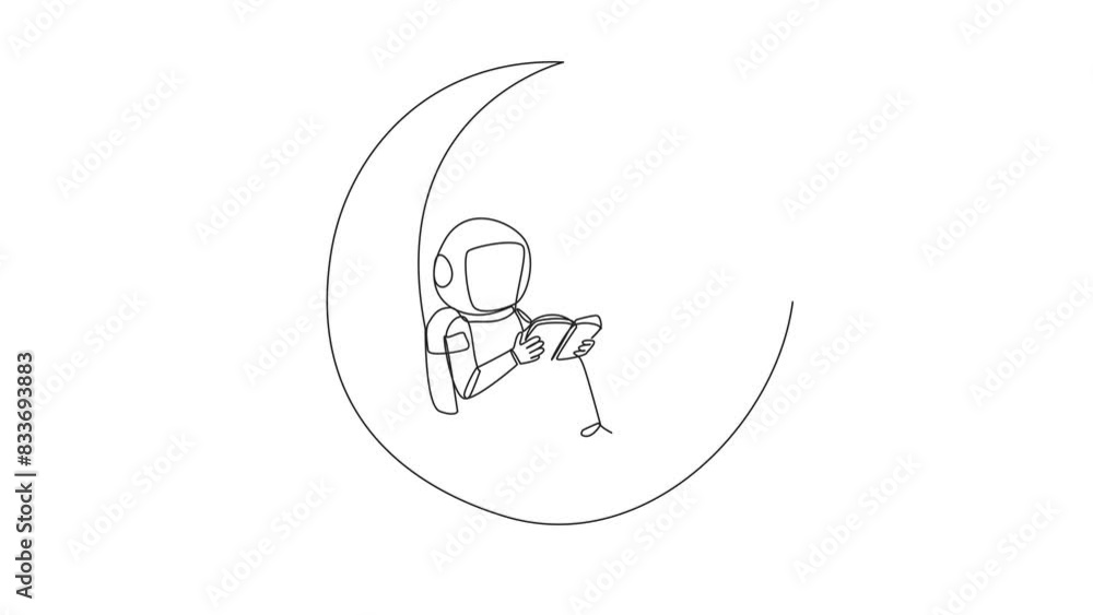 Animation of single line drawing astronaut sitting on crescent moon ...