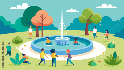 An innovative water feature has been added to the park offering a refreshing respite from the summer heat and a place for children to splash and play.. Vector illustration