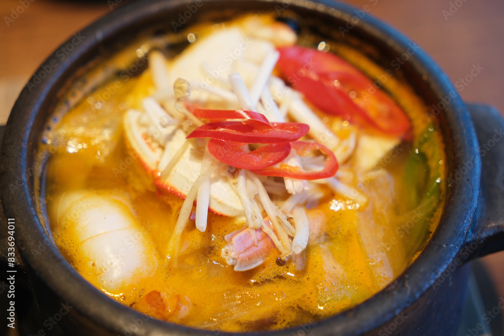 Korean Spicy Seafood Soup close up. Traditional food in Korea Korean Spicy Seafood Soup close up. Traditional food in Korea