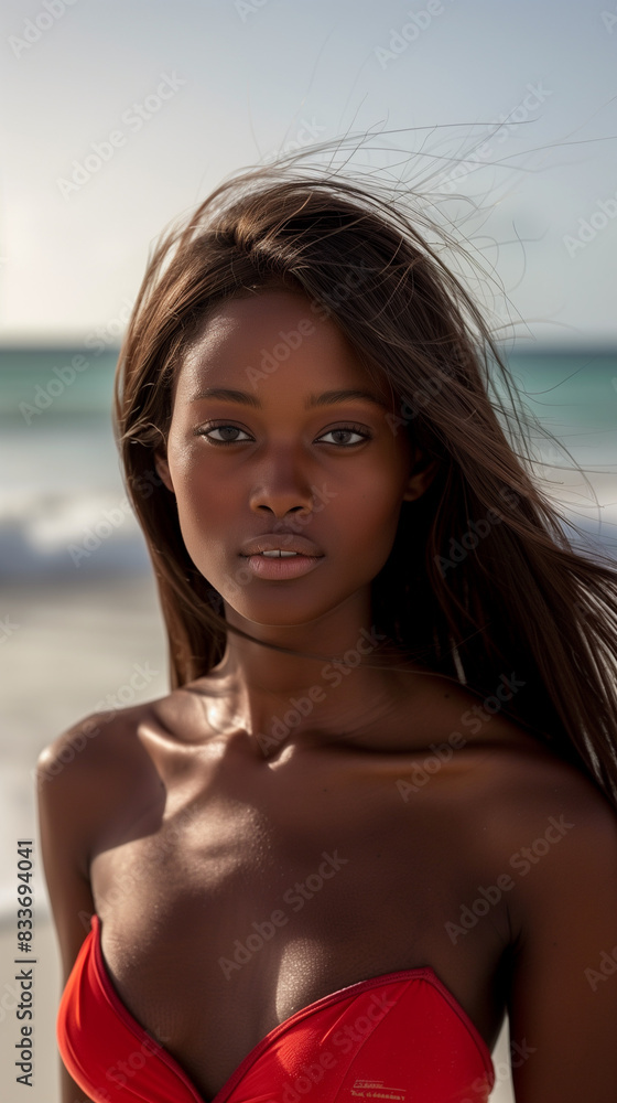 african american model standing next to ocean and posing in red strapless bikini; portrait of a young woman on the beach; serious model looking directly into camera long black hairs blowed by the wind african american model standing next to ocean and posing in red strapless bikini; portrait of a young woman on the beach; serious model looking directly into camera long black hairs blowed by the wind