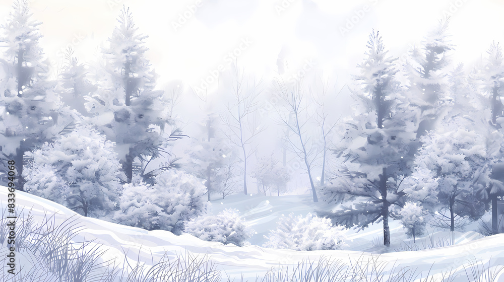 Naklejka premium Winter landscape with white pine trees on snow vector image