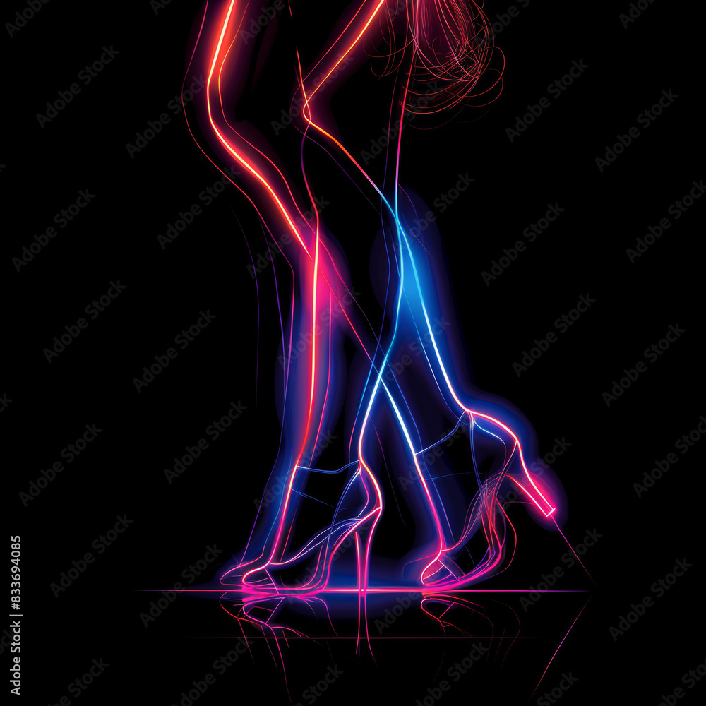 Obraz premium Color simple vector graphic of neon woman's legs in shoes, isolated on black background.
