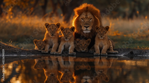 lions family near the puddle of water