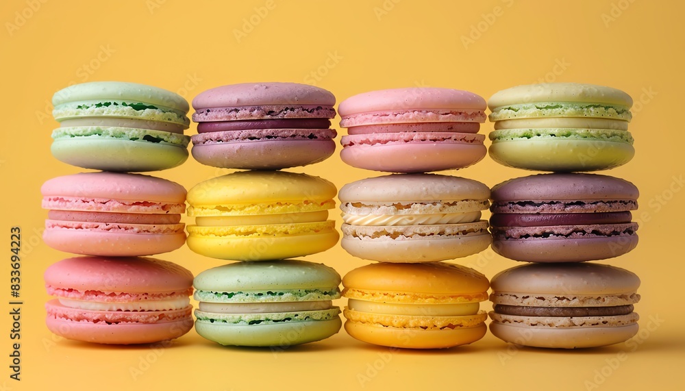 Colorful French macarons stacked in rows against a yellow background, showcasing their vibrant and pastel hues, perfect for dessert lovers. Colorful French macarons stacked in rows against a yellow background, showcasing their vibrant and pastel hues, perfect for dessert lovers.