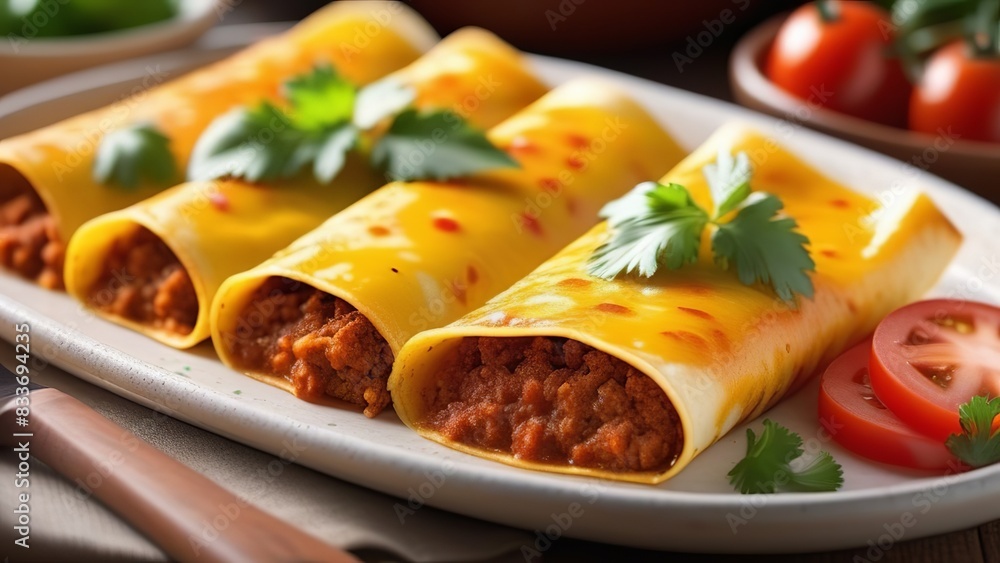 A plate of beef enchiladas topped with melted cheese and garnished with fresh cilantro. The enchiladas are filled with seasoned beef and beans, making for a hearty and flavorful dish A plate of beef enchiladas topped with melted cheese and garnished with fresh cilantro. The enchiladas are filled with seasoned beef and beans, making for a hearty and flavorful dish