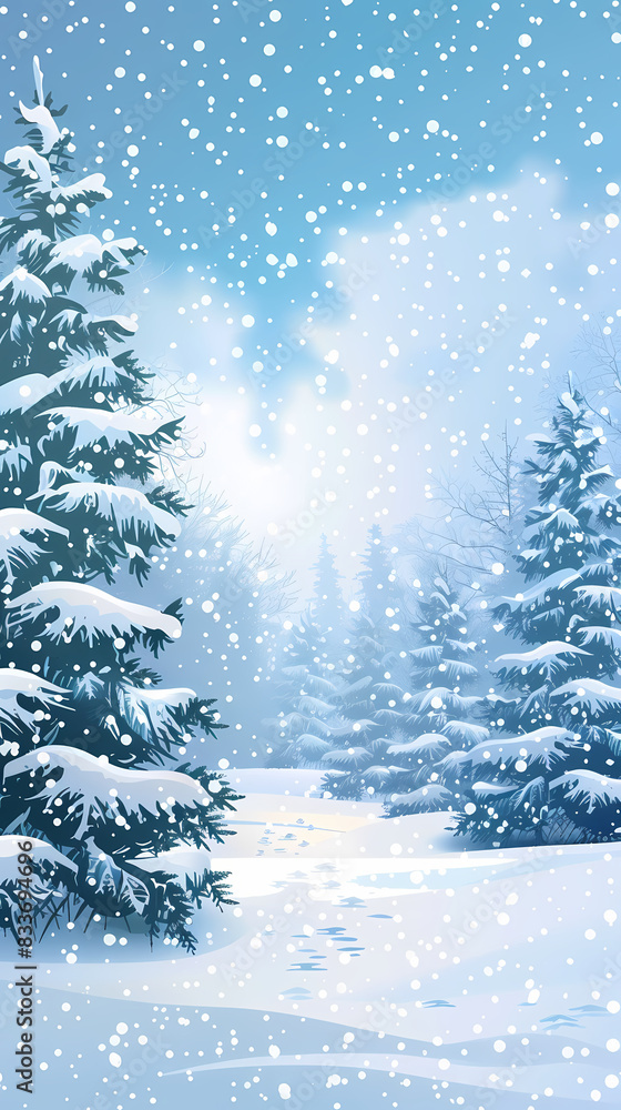 Fototapeta premium Winter landscape with white pine trees on snow vector image
