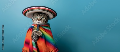 Funny grey cat dressed in Mexican sombrero