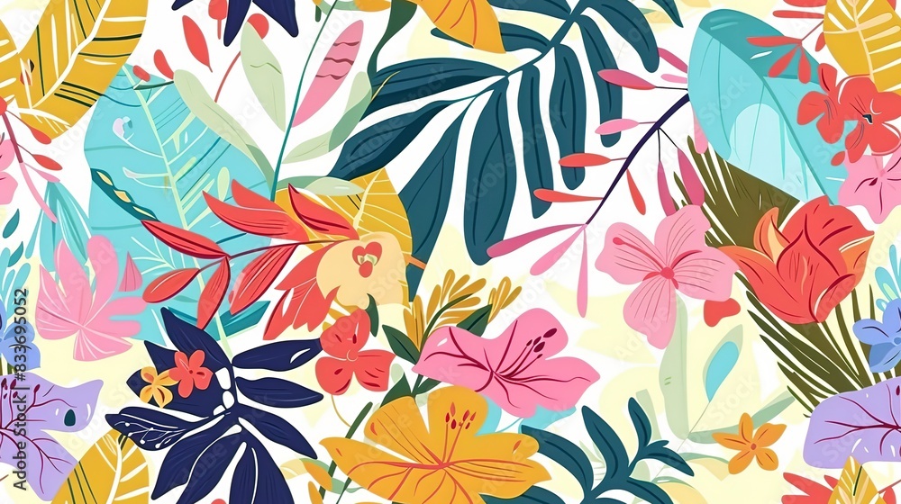 Jungle florals flat design top view jungle theme water color Triadic Color Scheme . Seamless Pattern, Fabric Pattern. Jungle florals flat design top view jungle theme water color Triadic Color Scheme . Seamless Pattern, Fabric Pattern.