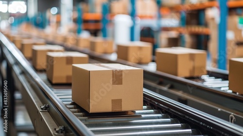 packaging with cardboard boxes on conveyor belt in factory industry