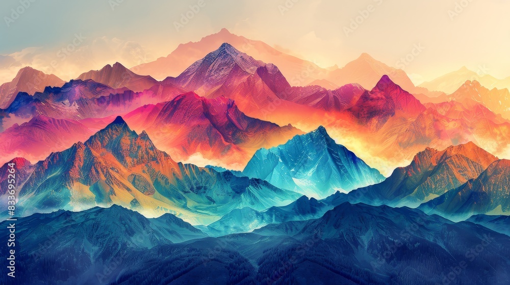 Abstract Mountain Ranges, Stylized, colorful mountain ranges with surreal elements, such as inverted peaks