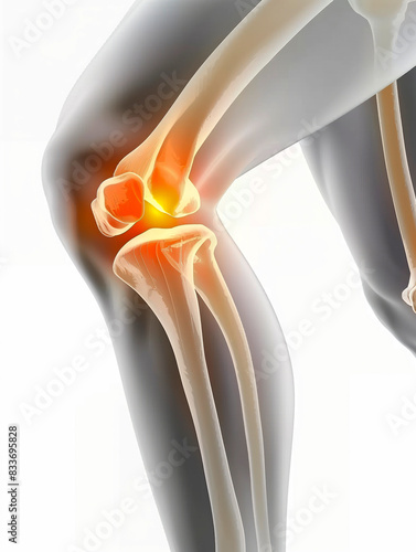 Artistic medical illustration showing a human figure with a highlighted painful knee joint