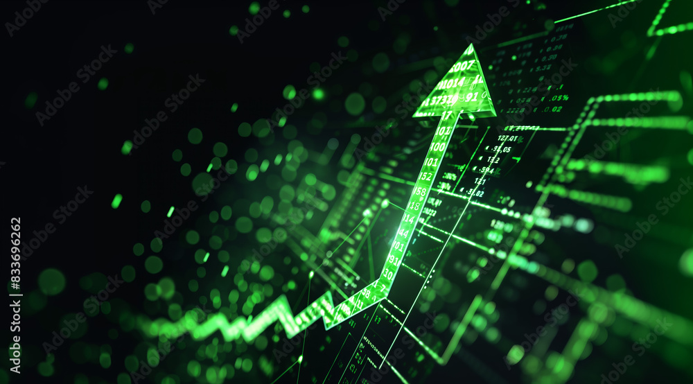 Obraz premium A green arrow pointing upwards symbolizes an upward stock market trend. The background shows charts. The movement in the direction of the arrows indicates growth.