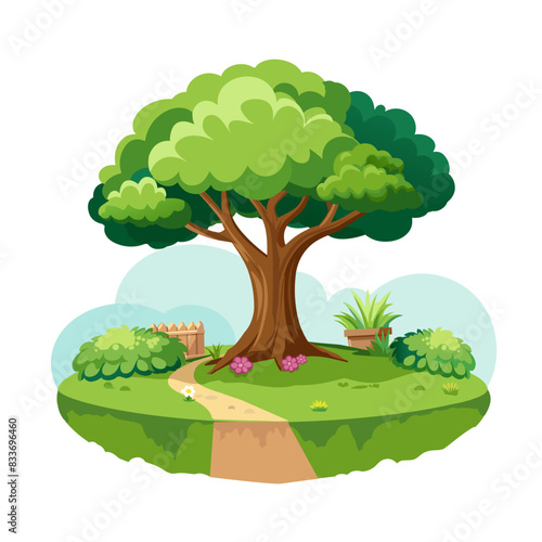 Tree with a path in the garden, isolated on a white background. Illustration. Vector element for design.