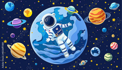 Astronaut in a space suit is flying in space next to planets and stars. Vector illustration