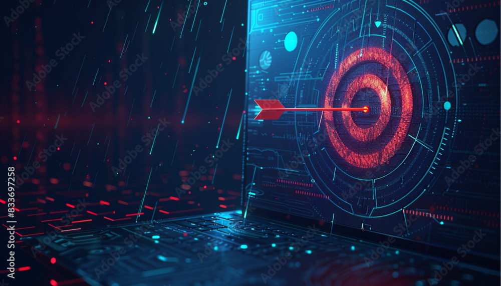 Fototapeta premium isometric target with arrow hit the center on laptop with business data analysis. Target audience and business strategy concept.