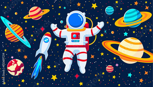 Astronaut in a space suit is flying in space next to planets and stars. Vector illustration