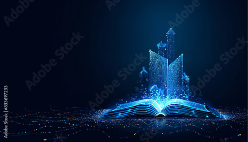 Learn online book in digital futuristic style. Infographics and book, the concept of new technologies in e-education or e-book. Vector illustration on a dark night background