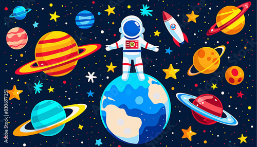 Astronaut in a space suit is flying in space next to planets and stars. Vector illustration