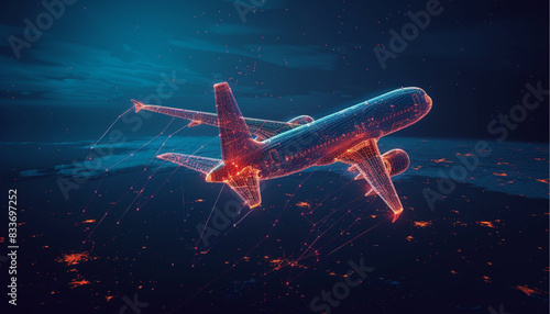Takeoff of an airplane and an airport in background. Air transport navigation, aircraft innovation, travel concept, futuristic tech, aviation technology, AI in aviation, night flight, cargo journey