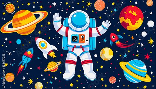Astronaut in a space suit is flying in space next to planets and stars. Vector illustration