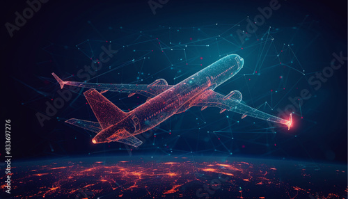 Takeoff of an airplane and an airport in background. Air transport navigation, aircraft innovation, travel concept, futuristic tech, aviation technology, AI in aviation, night flight, cargo journey