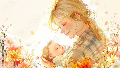 Happy mother's day banner. Mother holding a cuddling in her hands.