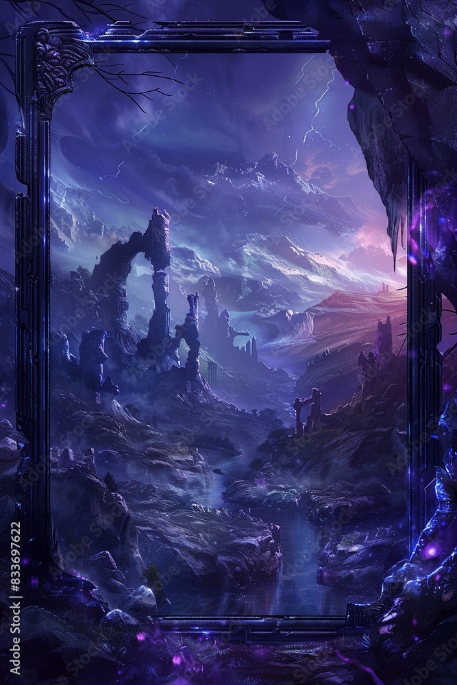 A whimsical purple fantasy RPG card background with a mythical creature scene and a decorative frame, all in a vibrant cartoon style. A whimsical purple fantasy RPG card background with a mythical creature scene and a decorative frame, all in a vibrant cartoon style.