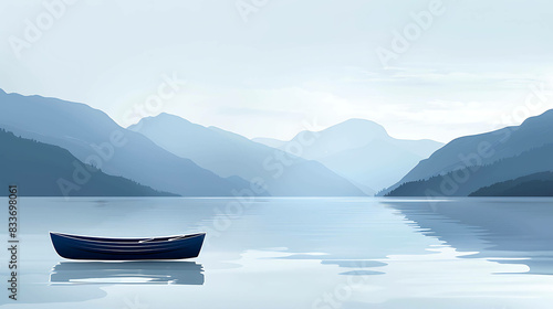 Tranquil lake with a small boat. The water is calm and still, reflecting the sky above. The mountains in the distance are shrouded in mist. © Nurlan