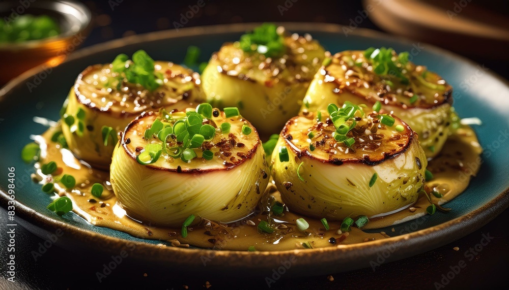 This photograph depicts sauteed kohlrabi rounds in a rich garlic butter sauce. The kohlrabi rounds are gar This photograph depicts sauteed kohlrabi rounds in a rich garlic butter sauce. The kohlrabi rounds are gar