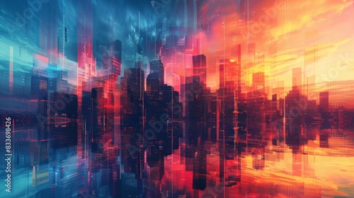 Abstract Cityscape, A cityscape with geometric buildings and surreal lighting