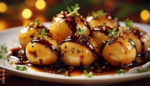 Small turnips glazed with balsamic vinegar and roasted to perfection, served with a sprinkle  photo