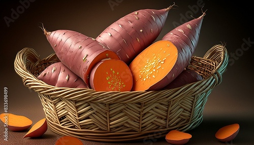  Whole and halved sweet potatoes arranged in a rustic basket, placed on a neutral background.