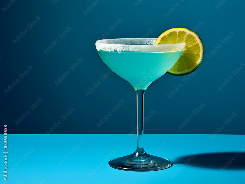 A Glass blue margarita juice, Refreshing and healthy blue margarita juice with ice in a glass with a summer background A Glass blue margarita juice, Refreshing and healthy blue margarita juice with ice in a glass with a summer background
