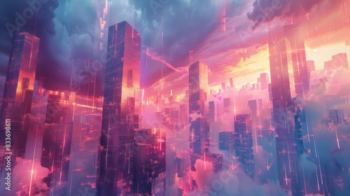 Abstract Cityscape  A cityscape with geometric buildings and surreal lighting