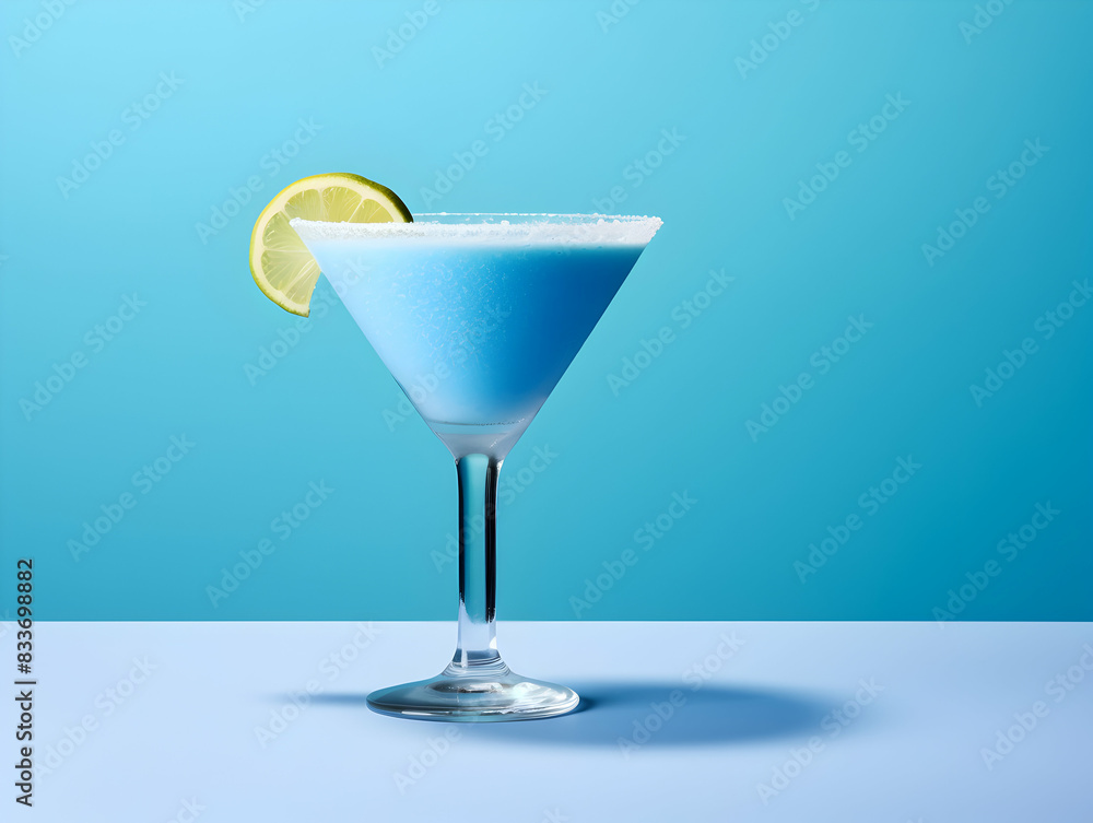 A Glass blue margarita juice, Refreshing and healthy blue margarita juice with ice in a glass with a summer background A Glass blue margarita juice, Refreshing and healthy blue margarita juice with ice in a glass with a summer background