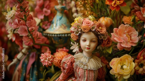 decorative doll in the room on a background of flowers.