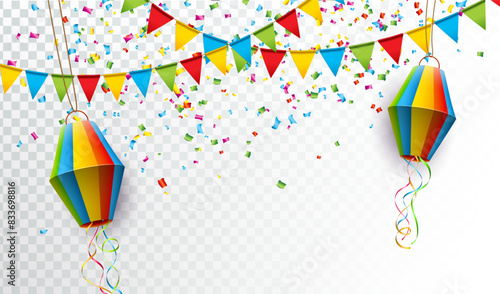 Festa Junina Design with Colorful Party Flags and Paper Lantern on Transparency Background. Vector Brazil June Traditional Saint John Holiday Festival Design for Celebration Banner, Greeting Card