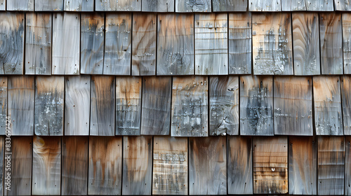 A wooden roof with a lot of wood grain and a rustic appearance. The roof is made of wood shingles and has a weathered look to it