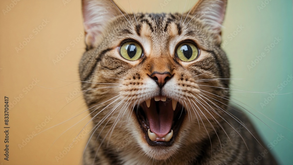 Naklejka premium Close-up of a tabby cat with wide eyes and open mouth, capturing a moment of surprise or excitement in a brightly lit indoor setting.