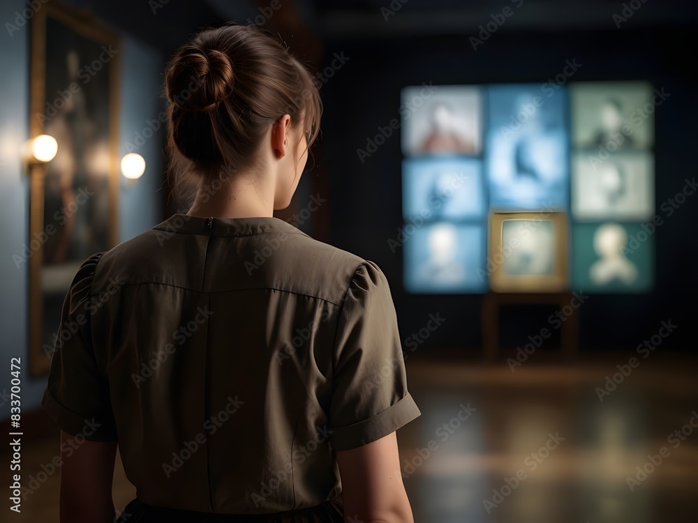 Back portrait of an adult woman looking at museum paintings Back portrait of an adult woman looking at museum paintings