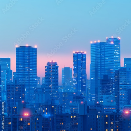 Futuristic Tech Cityscape Silhouette on Blue Gradient Background with Clean Light Blue and White Accents