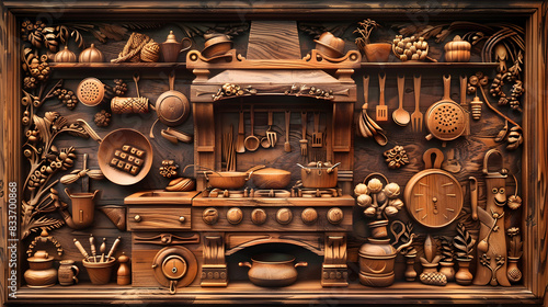 A wooden framed painting of a kitchen with a stove and a clock. The painting is full of various kitchen utensils and appliances, including a bowl, a spoon, a knife, a fork, and a cup