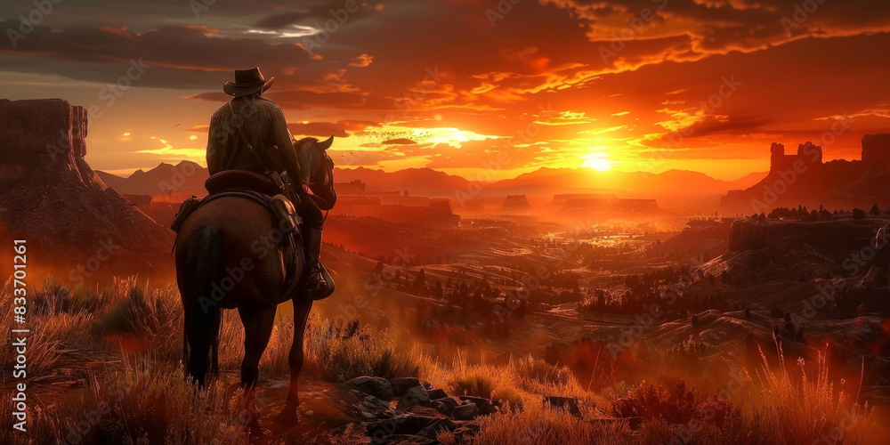 Cowboy on horseback overlooking a breathtaking sunset in the Wild West, with rugged canyons and a dramatic sky creating a cinematic and adventurous scene
Cowboy on horseback overlooking a breathtaking sunset in the Wild West, with rugged canyons and a dramatic sky creating a cinematic and adventurous scene