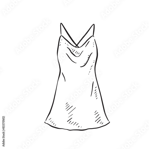 A silk strappy mini dress drawn by hand in black and white line.