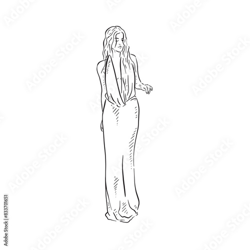 A line drawn illustration of a model woman wearing a long floaty dress. Hand drawn in black and white. 