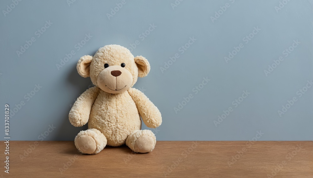 white soft toy on a wooden table against a gray wall background place for an inscription white soft toy on a wooden table against a gray wall background place for an inscription