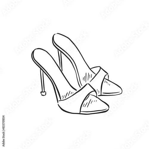 A pair of heeled shoes, drawn in black and white in a sketchy style. Sandal style heels drawn by hand. 