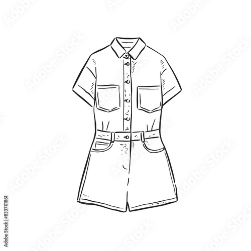 A line drawn illustration of a jumpsuit or playsuit women's outfit. Hand drawn ladies fashion in a sketchy style.