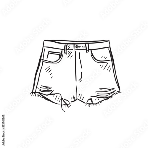 A line drawn illustration of denim shorts with distressed hem. Drawn by hand in a black and white sketchy style.