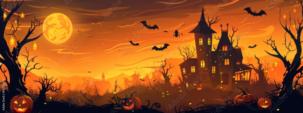 Halloween background with a scary haunted house, pumpkins and flying bats in an orange sky.